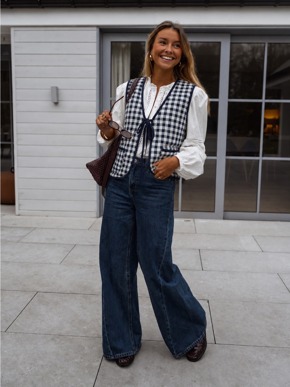 Free People Claudine Quilted Gingham Vest In Navy Blue & white NWT Small